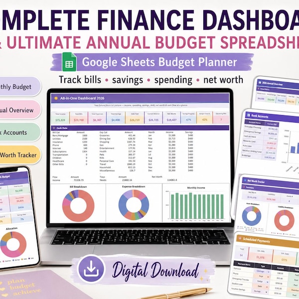 Ultimate Annual Budget Google Sheets | Monthly Paycheck Planner Bill Calendar Net Worth Tracker