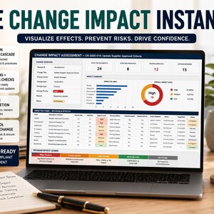 May include: A laptop screen displays a Change Impact Assessment dashboard with data tables, charts, and metrics. The text SEE CHANGE IMPACT INSTANTLY appears above, with a sidebar listing features like Revision Impact Cascade and Audit-Ready.
