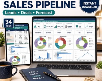 Sales CRM Spreadsheet, Google Sheets & Excel, Sales Pipeline Tracker, Lead, Deal and Forecast Dashboard for Small Business, 34 Tabs