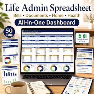 May include: A digital life admin spreadsheet displayed on a laptop screen, featuring an all-in-one dashboard with key performance indicators, charts, and 50 tabs. The layout includes sections for bills, documents, home, and health, compatible with Google Sheets and Excel, alongside printed dashboard summaries.