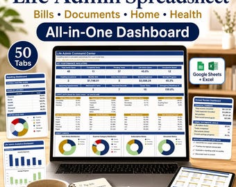 Life Admin Spreadsheet, Google Sheets & Excel, Adulting Planner, Bills, Documents, Home and Health Organizer, All in One Dashboard