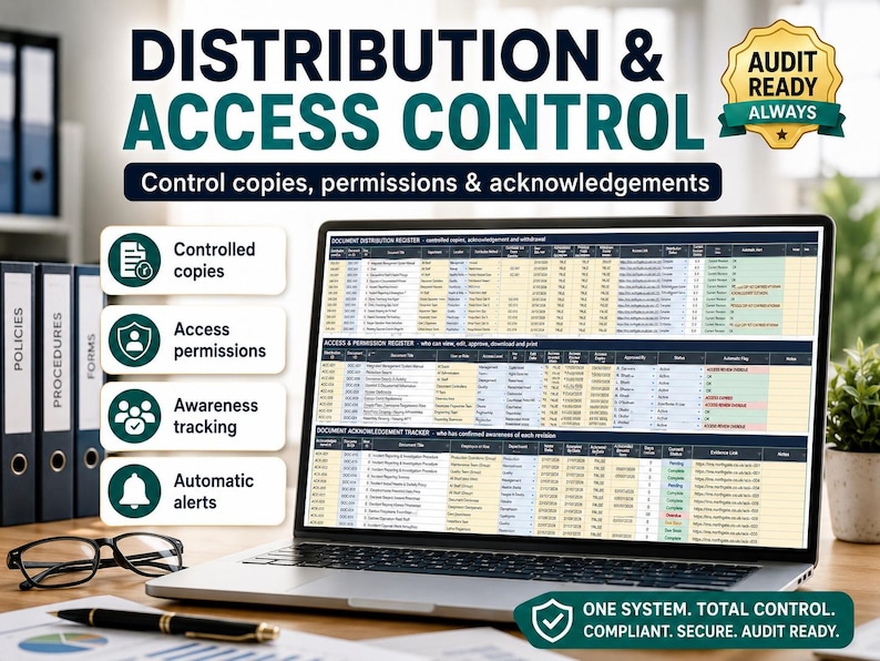 May include: A laptop screen displaying a document distribution and access control register with tables for controlled copies, permissions, and acknowledgments. The text includes Distribution & Access Control, Audit Ready Always, and One System. Total Control.