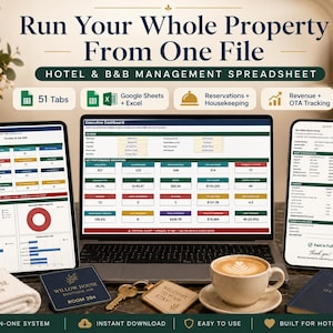 May include: A digital hotel and B&B management spreadsheet displayed on a laptop and two mobile devices. The screen shows an executive dashboard with 51 tabs, reservation tracking, and revenue data. Text includes Run Your Whole Property From One File.