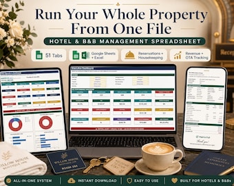 Hotel & B and B Management Spreadsheet, Google Sheets and Excel, Reservation, Booking, Housekeeping and Revenue Tracker PMS Dashboard