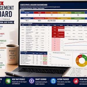 May include: A digital risk management dashboard displayed on a laptop screen, featuring tables, heat maps, and trend charts. A white mug with the text MANAGE RISK. PROTECT VALUE. sits next to the laptop, alongside a notepad with a risk management checklist.