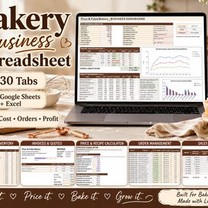 Może przedstawiać: Laptop wyświetlający arkusz kalkulacyjny dla piekarni z 30 zakładkami dla Google Sheets i Excel, zawierający sekcje dotyczące składników, zapasów, faktur, wycen, kalkulatorów cen i przepisów, zarządzania zamówieniami oraz prognoz sprzedaży.