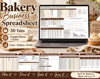 Bakery Business Spreadsheet, Google Sheets & Excel, Recipe Cost, Order, Inventory and Profit Tracker for Home Bakers, 30 Tabs