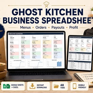 May include: A digital business spreadsheet for ghost kitchens displayed on a laptop and tablet screen. The interface shows an executive dashboard with financial metrics, menus, orders, payouts, and profit data. Includes icons for Google Sheets, Excel, and mobile compatibility.