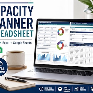 May include: A laptop displaying a capacity planner spreadsheet with charts and tables. Text reads CAPACITY PLANNER SPREADSHEET, 35 Tabs, Excel + Google Sheets, and DIGITAL DOWNLOAD. A notebook, pen, and coffee mug are placed on the desk next to the laptop.