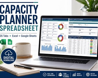 Capacity Planner Spreadsheet, Google Sheets & Excel, Team Allocation, Utilization Tracker and Workload Dashboard