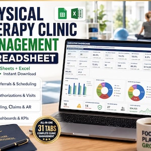 Physical Therapy Clinic Spreadsheet, Google Sheets & Excel, Practice Management, Referral, Scheduling, Billing and KPI Dashboard