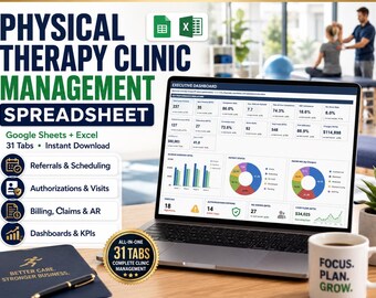 Physical Therapy Clinic Spreadsheet, Google Sheets & Excel, Practice Management, Referral, Scheduling, Billing and KPI Dashboard