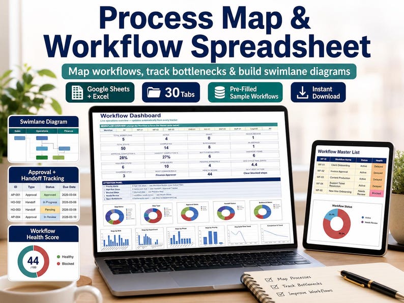 Process Map & Workflow Spreadsheet, Google Sheets and Excel, Swimlane Diagram, SOP and Process Documentation Dashboard image 2