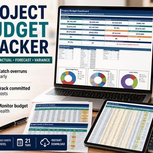 Hoja de cálculo para el seguimiento del presupuesto del proyecto, Google Sheets y Excel, gestión de costes, presupuesto vs. real, panel de previsión y desviaciones