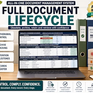 May include: A laptop displaying a document management system interface with tables titled Obsolete & Superseded Documents, Archive & Retention Register, and Record Control Register. Three colored binders and three labeled boxes are visible nearby.