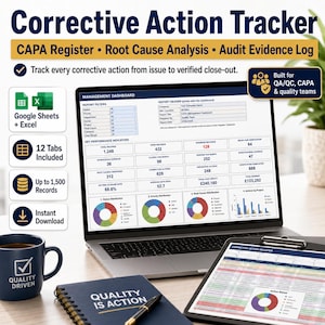 May include: A digital Corrective Action Tracker management dashboard displayed on a laptop screen, featuring data tables, key performance indicators, and colorful charts. Includes icons for Google Sheets, Excel, 12 tabs, 1,500 records, and instant download.