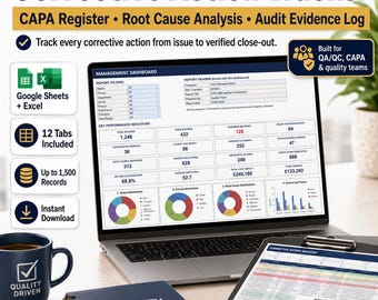 Corrective Action Tracker Spreadsheet, Google Sheets & Excel, CAPA Register, Root Cause Analysis, Effectiveness and Audit Evidence Log
