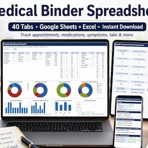 May include: A digital medical binder spreadsheet displayed on a laptop, tablet, and smartphone. The screens show health dashboard charts, appointment status, medication logs, and an emergency health summary card with blue and white text.