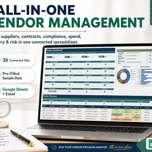 May include: A laptop screen displaying an all-in-one vendor management spreadsheet with a dashboard, vendor directory, 36 connected tabs, and sample data. The interface includes charts, tables, and status indicators for tracking suppliers, contracts, and risk.