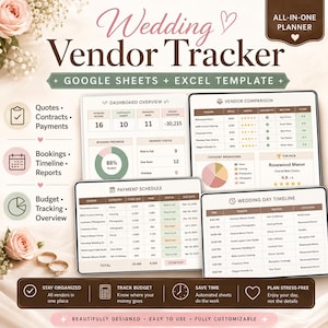 May include: A digital wedding vendor tracker template for Google Sheets and Excel. The interface displays a dashboard overview, vendor comparison, payment schedule, and wedding day timeline with charts, tables, and text fields for tracking.
