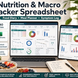 May include: A digital nutrition and macro tracker spreadsheet displayed on a laptop, tablet, and smartphone. The screens show dashboards with charts, calorie distribution, and health data. Text includes Nutrition & Macro Tracker Spreadsheet.