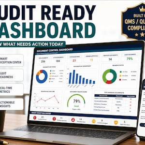 May include: A laptop and smartphone displaying an Audit Ready Dashboard for QMS, Quality, and Compliance. The screens show data visualizations, document control metrics, review status charts, and an approval workflow with text labels.