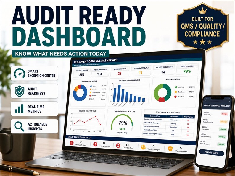 May include: A laptop and smartphone displaying an Audit Ready Dashboard for QMS, Quality, and Compliance. The screens show data visualizations, document control metrics, review status charts, and an approval workflow with text labels.