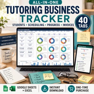 May include: An all-in-one tutoring business tracker for Google Sheets and Excel featuring an executive dashboard with data charts, a tablet displaying an action centre, a notebook with a to-do list, a mug labelled Teach Inspire Grow, and sticky notes.
