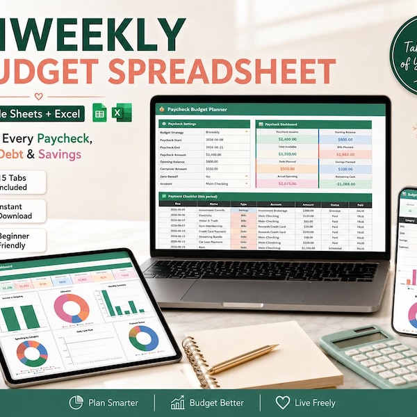 Biweekly Paycheck Budget Google Sheets Excel | 26 Pay Periods Bill Calendar Savings Planner
