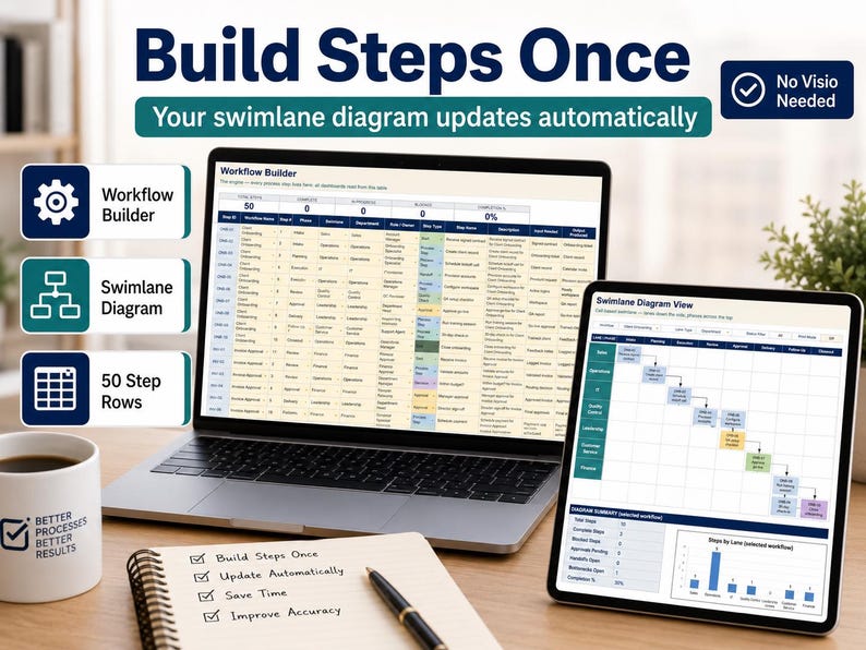 May include: A laptop and tablet displaying workflow builder software and swimlane diagrams. The screen shows a 50-step data table and a visual process chart. A white mug with text and a spiral notebook with a pen are placed on the desk surface.