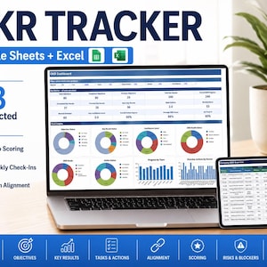 May include: A digital OKR Tracker template for Google Sheets and Excel displayed on a laptop and tablet screen. The interface features 38 connected tabs, auto scoring, weekly check-ins, and team alignment tools with various data charts and tables.