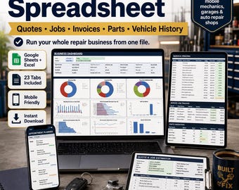 Mechanic Business Spreadsheet, Google Sheets & Excel, Auto Repair Job, Quote, Invoice and Parts Tracker, Vehicle History Dashboard