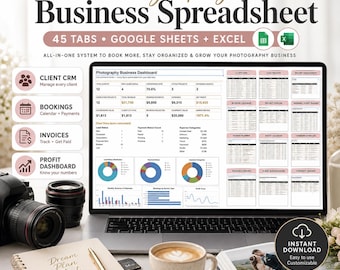 Photography Business Spreadsheet, Google Sheets & Excel, Client CRM, Booking, Invoice and Pricing Tracker, Profit Dashboard, 45 Tabs