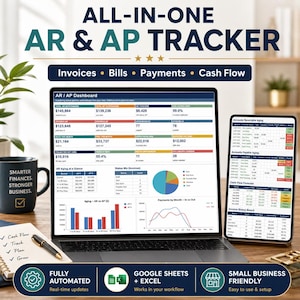 Op de afbeelding: Een digitaal financieel volgsysteem weergegeven op een laptop- en tabletscherm, met de tekst ALL-IN-ONE AR & AP TRACKER, Invoices, Bills, Payments, Cash Flow en AR / AP Dashboard. De interface bevat diverse gegevenstabellen, grafieken en diagrammen.