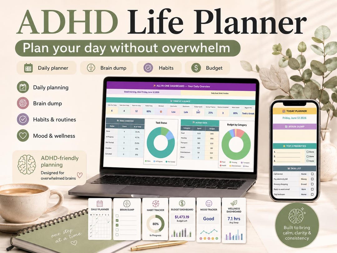 ADHD Life Planner Google Sheets Excel Daily Planner Budget Tracker ...