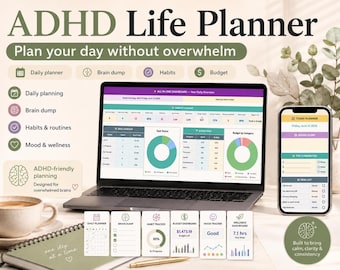 ADHD Life Planner Google Sheets Daily Planner Budget Tracker Habit Tracker Productivity Spreadsheet Monthly Weekly Calendar Routine