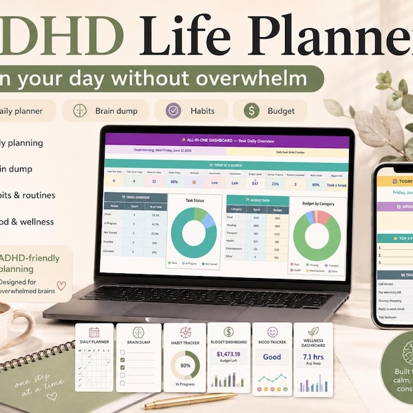 ADHD Life Planner Google Sheets Daily Planner Budget Tracker Habit Tracker Productivity Spreadsheet Monthly Weekly Calendar Routine