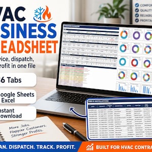Puede incluir: Una hoja de cálculo para negocios de HVAC en la pantalla de una computadora portátil, con 36 pestañas para Google Sheets y Excel. La interfaz muestra un panel de operaciones con tablas de datos y gráficos, junto a una tabla de trabajos.