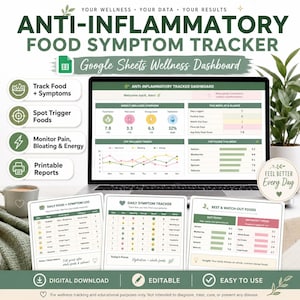 May include: An anti-inflammatory food symptom tracker Google Sheets wellness dashboard displayed on a laptop screen, accompanied by three printed log sheets showing daily food, symptom, and food category tracking tables with green and pink accents.