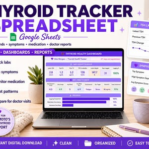 Thyroid Symptom Tracker Google Sheets, Hashimoto and Hypothyroid Log TSH & Lab Trend Dashboard, Medication Tracker, Printable Doctor Report