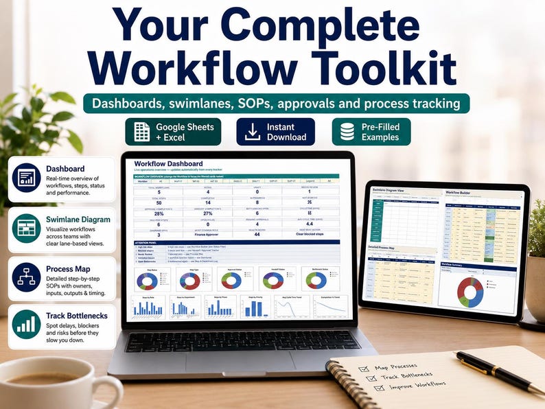 May include: A digital workflow toolkit displayed on a laptop and tablet screen, featuring the text Your Complete Workflow Toolkit, Dashboards, swimlanes, SOPs, approvals and process tracking, Google Sheets + Excel, Instant Download, and Pre-Filled Examples.
