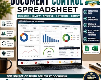 May include: A laptop screen displaying a document control dashboard with charts, graphs, and metrics. The interface includes sections for document status, health scores, and review tracking, with text labels for Google Sheets and Microsoft Excel compatibility.