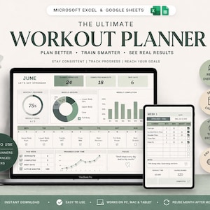 Puede incluir: Un planificador de entrenamiento digital que se muestra en una computadora portátil y una tableta. La pantalla muestra un rastreador de ejercicios con gráficos y datos. El texto incluye "The Ultimate Workout Planner" y "Plan Better, Train Smarter, See Real Results."