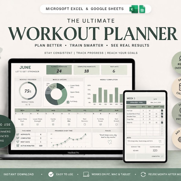 Workout Planner Spreadsheet | Weekly Gym & Exercise Tracker for Google Sheets Excel | Fitness Log for Weight Training, Pilates and Cardio