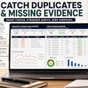 May include: A laptop screen displaying a software dashboard titled CATCH DUPLICATES & MISSING EVIDENCE. The interface features a DUPLICATE & CONFLICT RISK CHECKER and an AUDIT EVIDENCE REGISTER with tables, a risk trend line graph, and status charts.