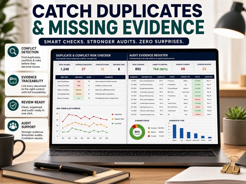 May include: A laptop screen displaying a software dashboard titled CATCH DUPLICATES & MISSING EVIDENCE. The interface features a DUPLICATE & CONFLICT RISK CHECKER and an AUDIT EVIDENCE REGISTER with tables, a risk trend line graph, and status charts.