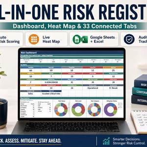 Risikoregister-Tabelle, Google Sheets & Excel, Risikomanagement-Vorlage mit Heatmap, Matrix und Dashboard