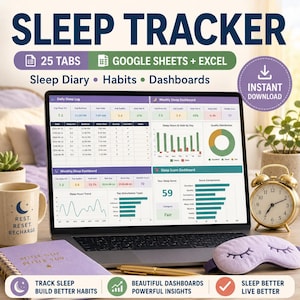 Könnte beinhalten: Eine digitale Schlaf-Tracker-Vorlage auf einem Laptop-Bildschirm mit 25 Registerkarten für Google Sheets und Excel. Die Benutzeroberfläche umfasst ein tägliches Schlafprotokoll, wöchentliche und monatliche Dashboards sowie Diagramme.