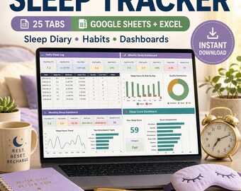 Sleep Tracker Spreadsheet, Google Sheets & Excel, Sleep Diary and Insomnia Log, Habit, Routine and Sleep Quality Dashboard, 25 Tabs
