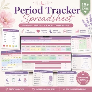 May include: A digital period tracker spreadsheet for Google Sheets and Excel featuring a central dashboard, cycle status, symptom tracker, calendar, and doctor report. The interface uses a purple and pink color scheme with floral accents.